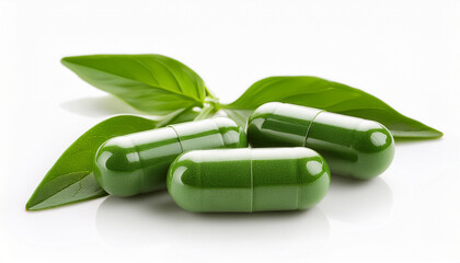 green herbal capsules with fresh leaves on white background