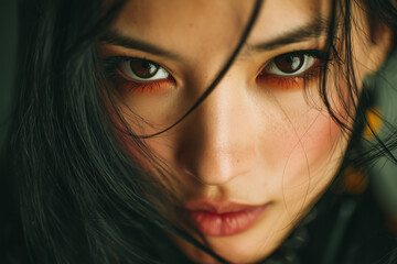 Expressive Close-Up Portrait of Asian Woman with Freckles and Dark Hair