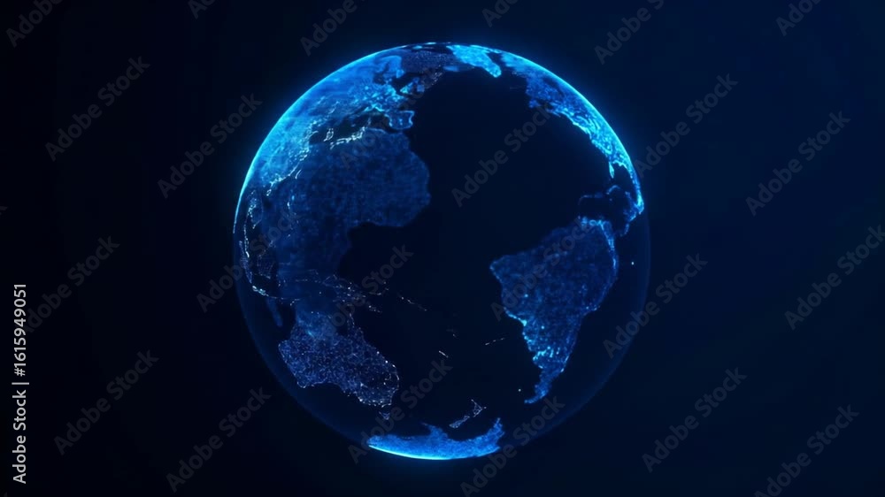 Poster glowing blue digital globe revolving on a dark background depicting global connection and worldwide 