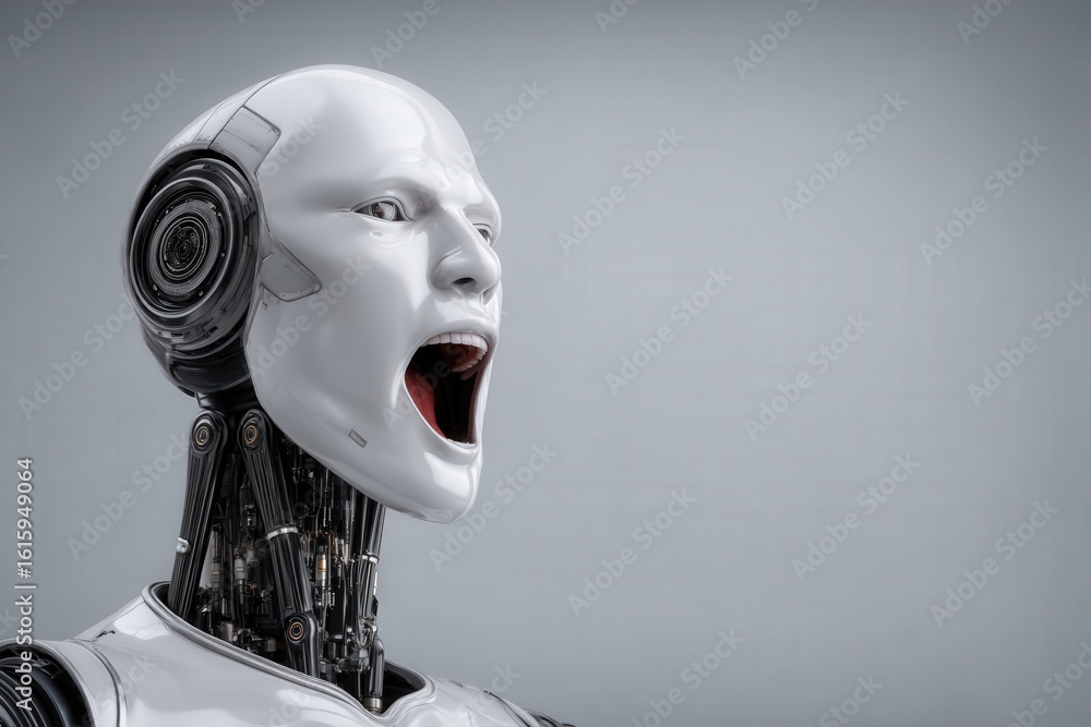 Poster futuristic humanoid robot expressing intense emotion through open mouth and striking facial features