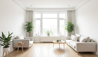 Bright Living Room with White Furniture and Large Window, Plants, Minimalist Design.