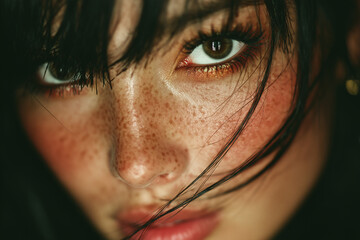Expressive Close-Up Portrait of Asian Woman with Freckles and Dark Hair