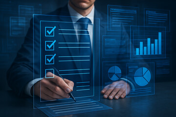 Businessman analyzing checklist report and performance chart using futuristic digital interface technology for data driven strategy planning productivity tracking and workflow optimization
