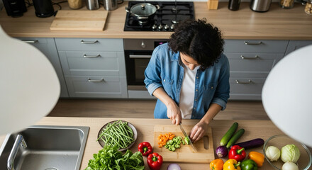 kitchen helper chopping vegetables, overhead view, no face shown