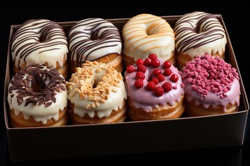 Assorted Flavored Cronuts Packed in a Box. Freshly baked cronut - flaky croissant-doughnut hybrid with sugar glaze