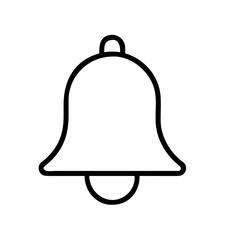 Simple bell icon for notification alerts. Minimalist line art symbol for user interface design, representing new messages, reminders, or incoming updates. Vector graphic on a white background.
