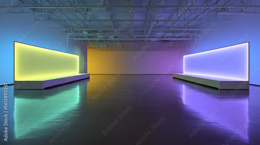 Poster illuminated display platforms in a modern gallery space.
