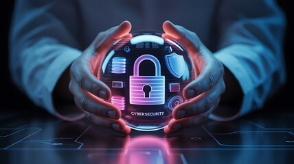 Hands holding glowing digital sphere with padlock and shield icons globe