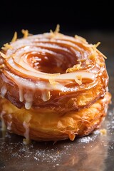 Tempting Cronut With Icing on a Table. Freshly baked cronut - flaky croissant-doughnut hybrid