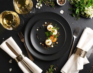 Top-down view of a gourmet plated dish with artistic presentation, surrounded by wine, napkins, and garnish