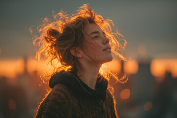 Autumn Sunset Portrait of a Woman in the City – Warm Golden Light and Urban Mood