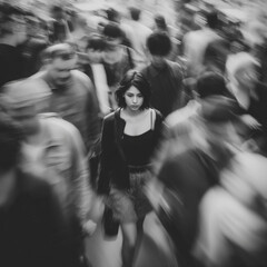 Lonely and Little Scared Woman Standing Still in a Crowd – Black and White Motion Blur Concept of Isolation