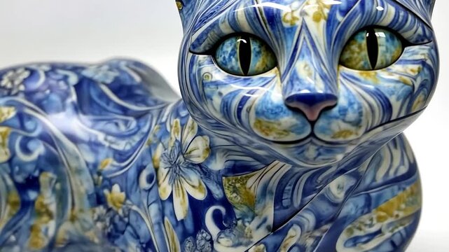 Blue and gold patterned cat sculpture