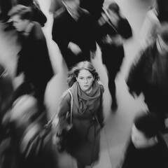 Lonely and Little Scared Woman Standing Still in a Crowd – Black and White Motion Blur Concept of Isolation