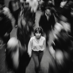 Lonely and Little Scared Woman Standing Still in a Crowd – Black and White Motion Blur Concept of Isolation