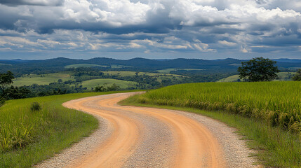 Naklejka premium A winding dirt road through a green hilly landscape under a cloudy sky.