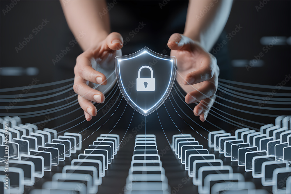Poster cybersecurity shield protecting large scale information systems