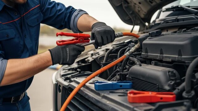 Mechanic jumpstarts car using cables on roadside in daylight
