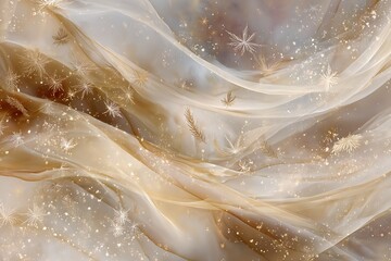 Ethereal golden fabric with shimmering glitter and delicate abstract patterns, creating a luxurious and dreamy background.