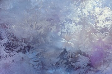 Intricate frosty patterns on a windowpane, showcasing delicate ice crystals in cool blue and white tones, evoking a serene winter atmosphere.
