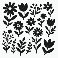 Bold floral silhouette vector set &ndash; black solid flower and leaf shapes for crafts, vinyl cutting, Cricut designs, wall art, stickers, and digital decoration.

