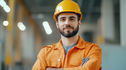 Confident worker wearing a safety helmet and orange jumpsuit, posing in a modern industrial environment.