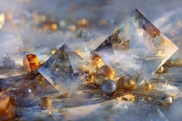 A magical winter scene featuring sparkling crystals and golden ornaments, creating an ethereal and festive holiday atmosphere.