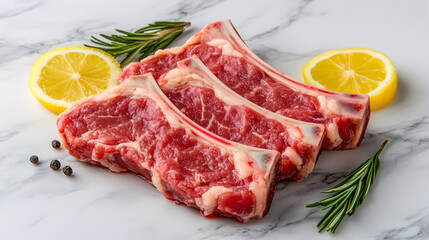 Fototapeta premium Three raw lamb chops on a marble surface with lemon slices and rosemary sprigs.