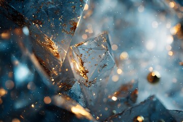 A mesmerizing abstract close-up of sparkling blue crystals with golden glitter and enchanting bokeh lights, creating a luxurious and festive atmosphere.