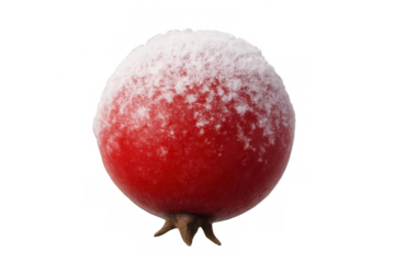 Frosty red tomato glistening with icy crystals, highlighting crisp winter freshness against transparent backdrop