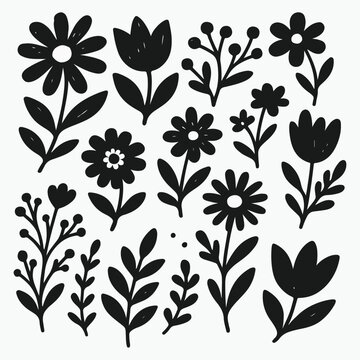 Bold floral silhouette vector set &ndash; black solid flower and leaf shapes for crafts, vinyl cutting, Cricut designs, wall art, stickers, and digital decoration.


