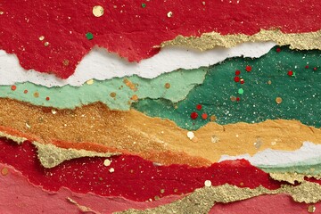A vibrant abstract composition of layered torn paper with sparkling glitter, featuring festive red, green, and gold colors.