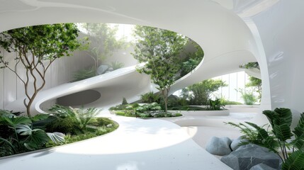 
Organic Architecture Design: White Curving Structure with Indoor Plants