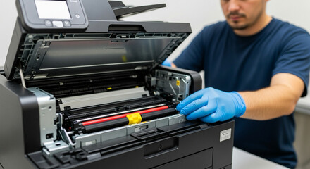 printer repair technician replacing toner, inner machine exposed, face out of shot