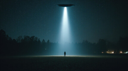 UFO Encounter in Night Forest with Bright Beam