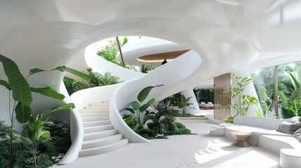 
Organic Architecture Design: White Curving Structure with Indoor Plants