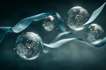Elegant winter holiday scene featuring shimmering glass spheres with intricate snowflakes and flowing teal ribbons, creating a magical atmosphere.