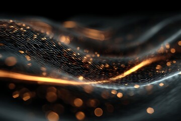Abstract digital waves with glowing orange lines and shimmering particles on a dark background, representing data flow.