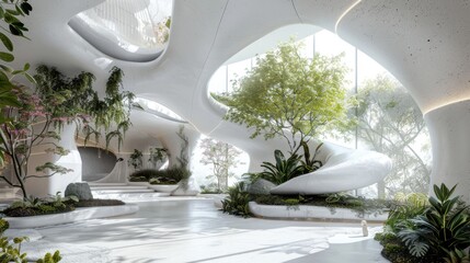 
Organic Architecture Design: White Curving Structure with Indoor Plants