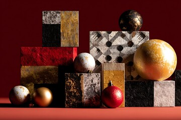 Elegant festive still life composition featuring abstract geometric shapes and metallic spheres on a rich red background.