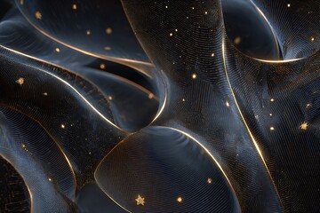 An elegant abstract composition featuring flowing dark blue and black forms with shimmering golden lines and sparkling particles, creating a luxurious and futuristic atmosphere.