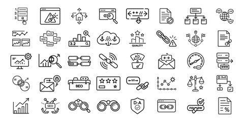 A collection of search engine optimization and data analysis icons isolated on white background
