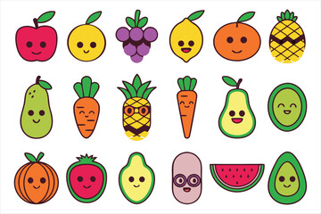Fototapeta premium Collection of cute kawaii style cartoon fruits and vegetables isolated on white background silhouette