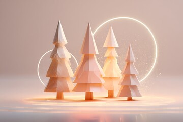 A serene and elegant 3D render of geometric Christmas trees with glowing rings and soft pastel colors, perfect for holiday cheer.