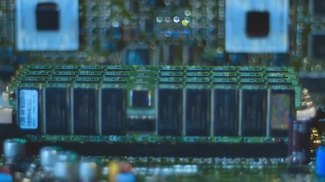 Lines of program code move along processors, memory chips and other electronic components on the motherboard, symbolizing the operation of an electronic device. Closeup. Macro. Follow focus