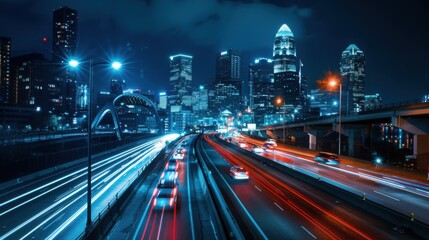 
Highway traffic with driving cars on bridge in downtown district of Cincinnati city in Ohio, USA. American city skyline with brightly illuminated high commercial buildings at night
