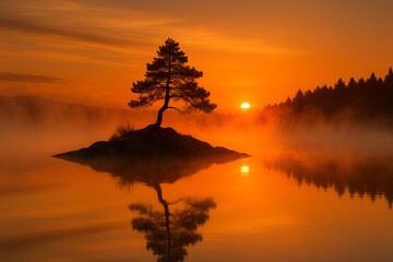 Serene Sunrise Reflection Silhouette Tree on Island Mystical Golden Hour Tranquility Calmness of Nature Sunrise Over Lake