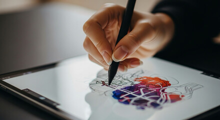 graphic designer sketching with stylus on tablet, only hand and screen visible