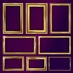 Empty painting or picture frame with golden engraved and carved wooden borders. Set of decorative retro ornamental detailed picture frames. Old classic vector baroque golden frames collection.	

