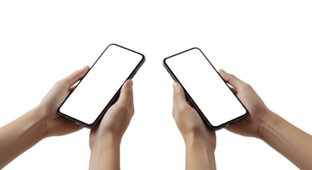 Clean adult hands holding two identical sleek modern smartphones, one portrait, one landscape, with blank white screens and dynamic island notches, on a pristine transparent studio background with